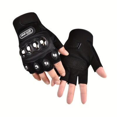 1 Pair of Black Steel Outdoor Knuckle Motorcycle Gloves, Half Finger Gloves, Unisex