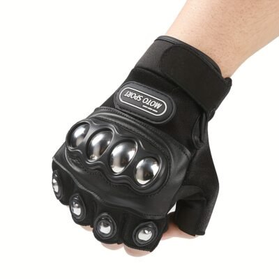 1 Pair of Black Steel Outdoor Knuckle Motorcycle Gloves, Half Finger Gloves, Unisex