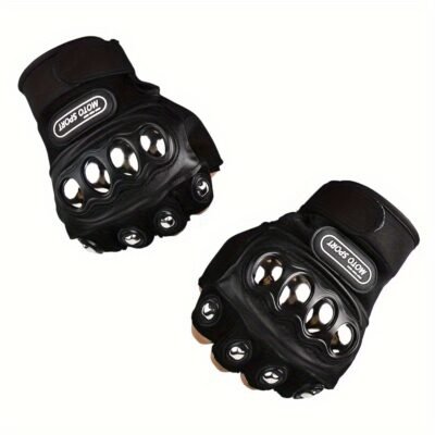 1 Pair of Black Steel Outdoor Knuckle Motorcycle Gloves, Half Finger Gloves, Unisex